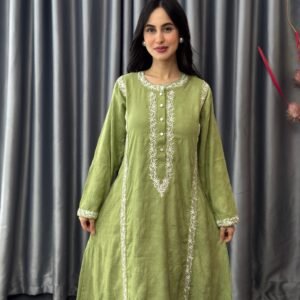 Embossed & Embroidered Fish Cut Cotton Dress | Two-piece