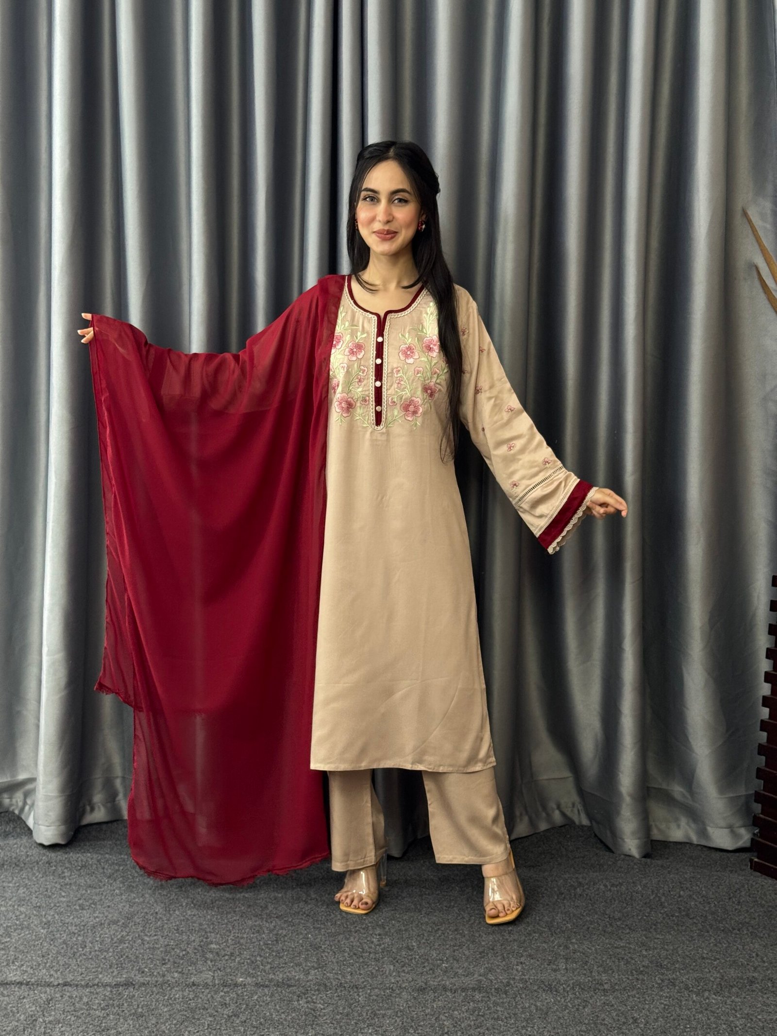 Nude Maroon Embroidered Three-Piece Set - Image 4