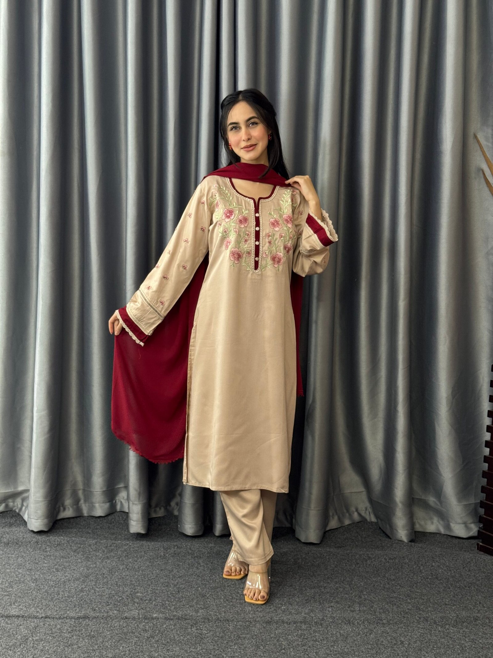 Nude Maroon Embroidered Three-Piece Set - Image 3