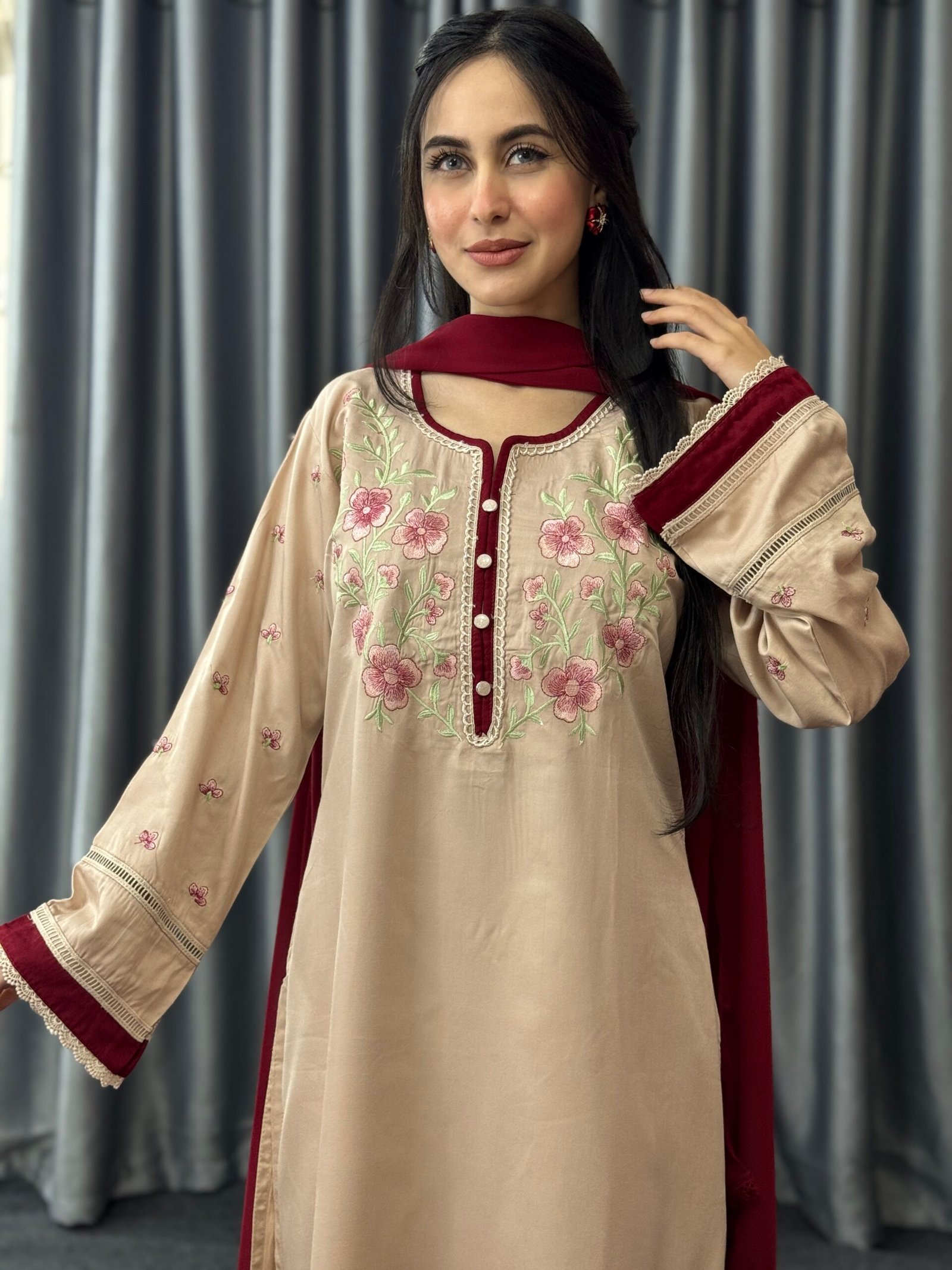 Nude Maroon Embroidered Three-Piece Set - Image 2