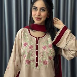 Nude Maroon Embroidered Three-Piece Set