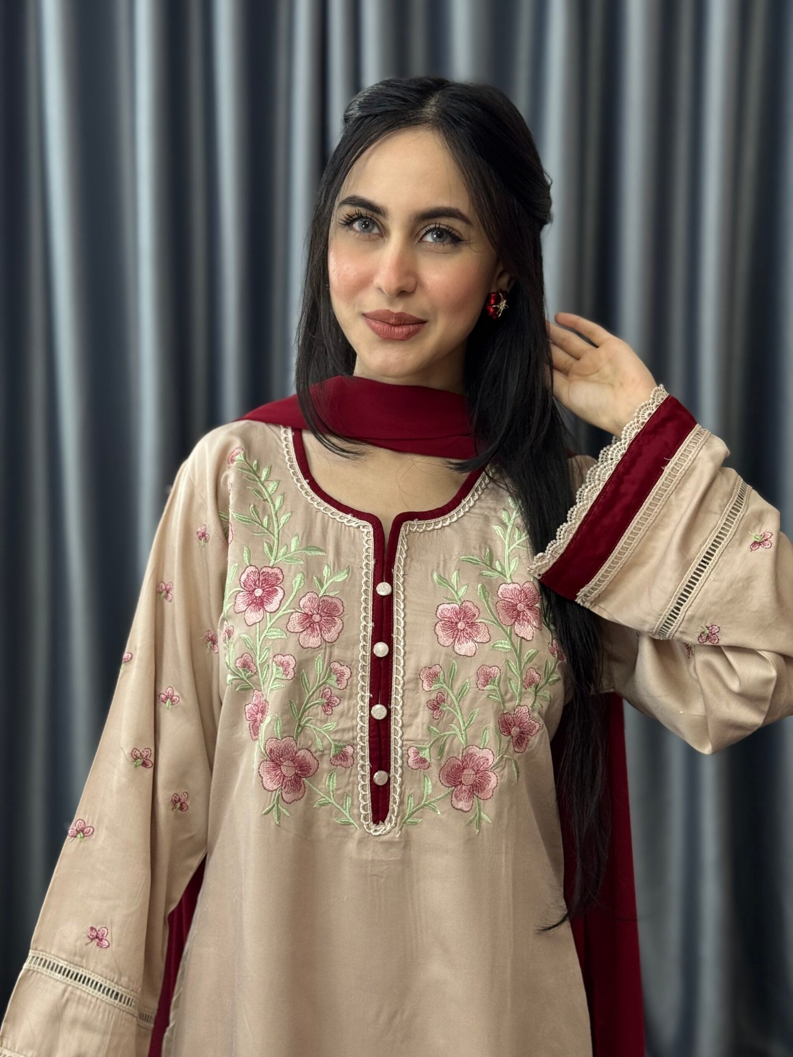 Nude Maroon Embroidered Three-Piece Set