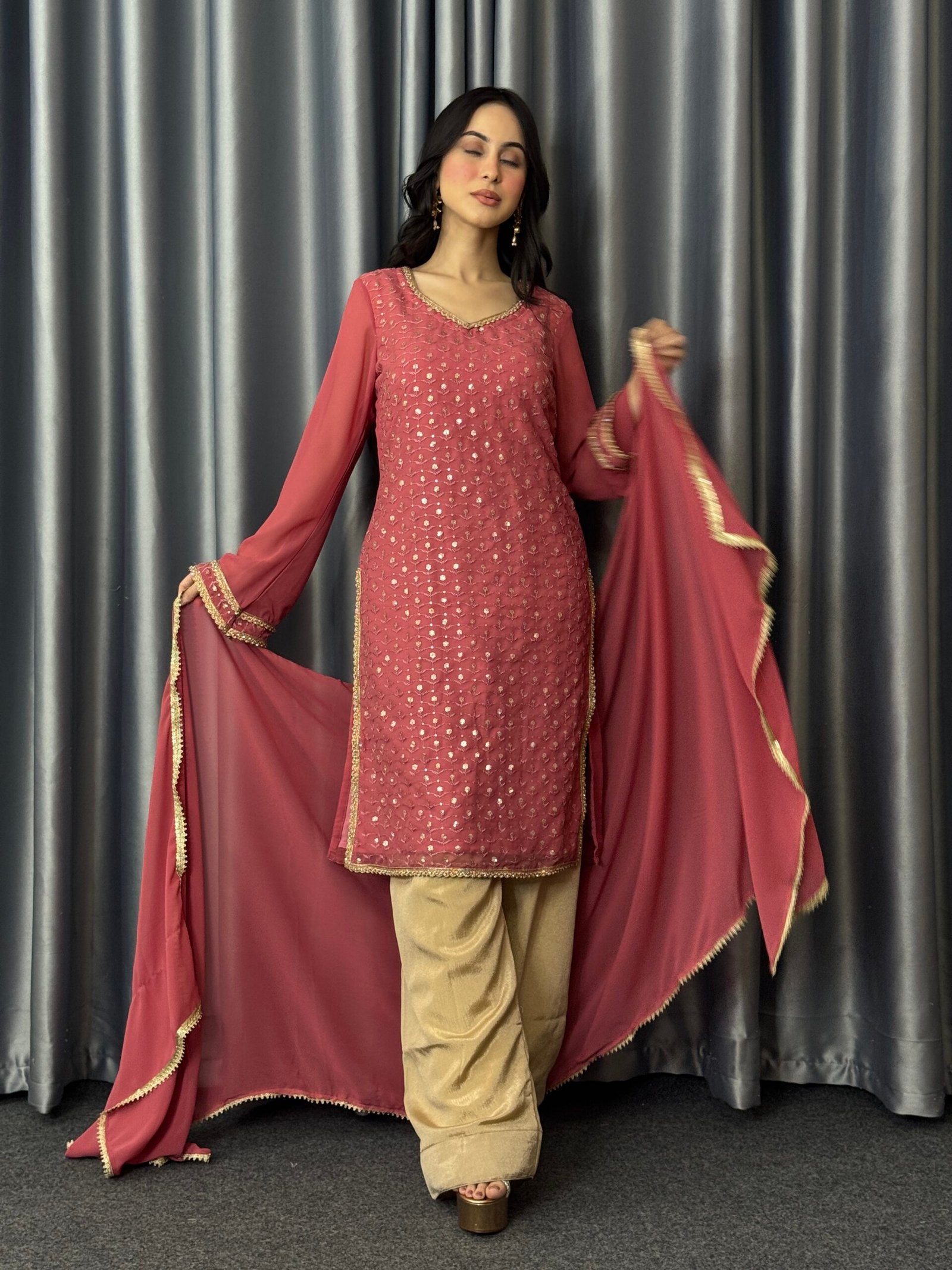 pink sequence work traditional three pieces set.