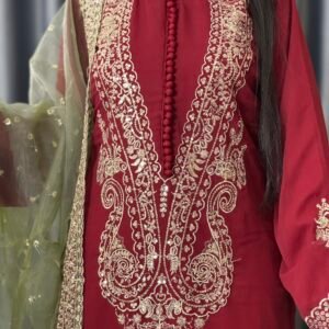Maroon embroidered 3-piece georgette dress with dupatta