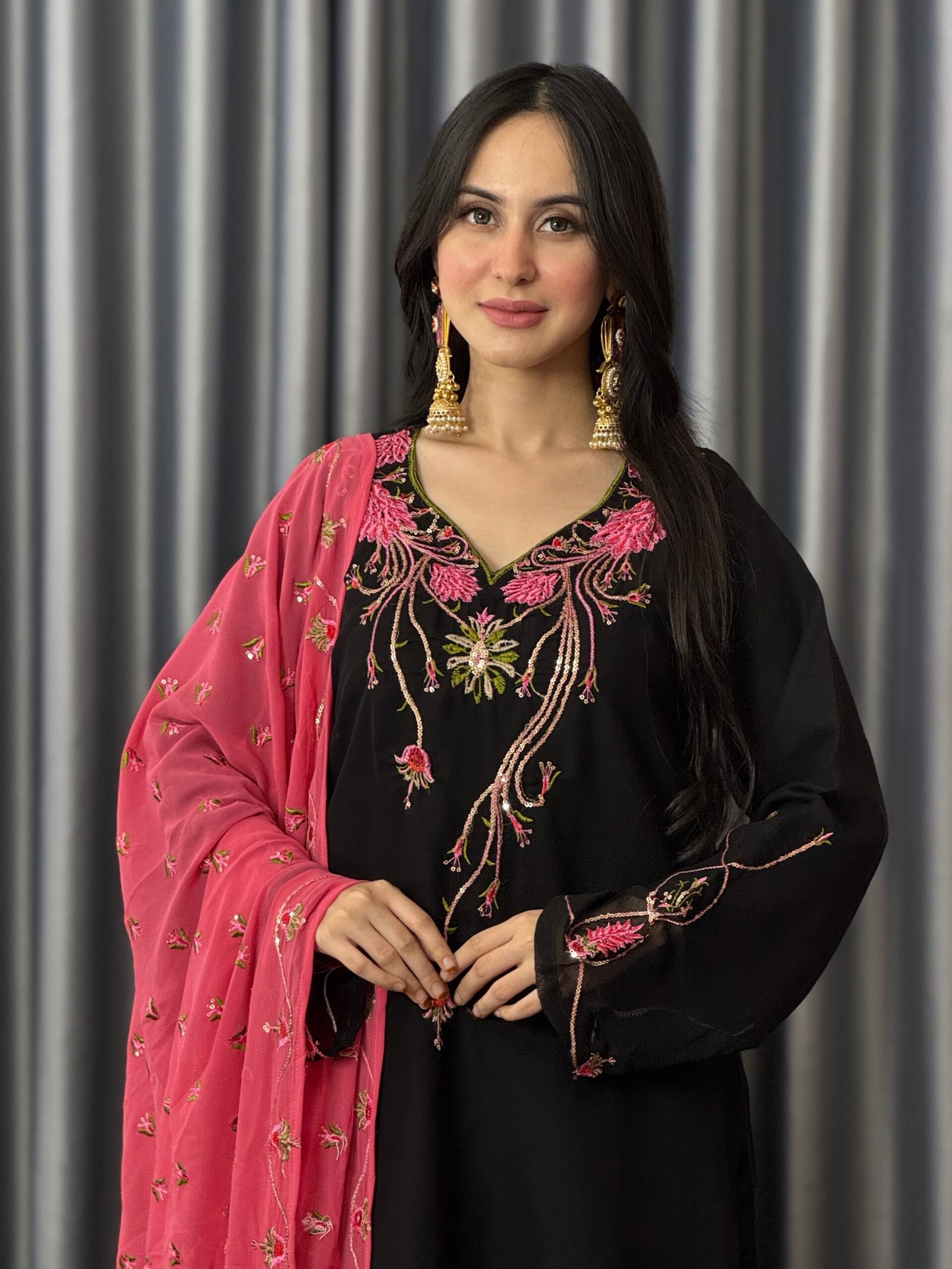 Premium Black Sequins & Embroidered Georgette 3 Piece Set - Image 2