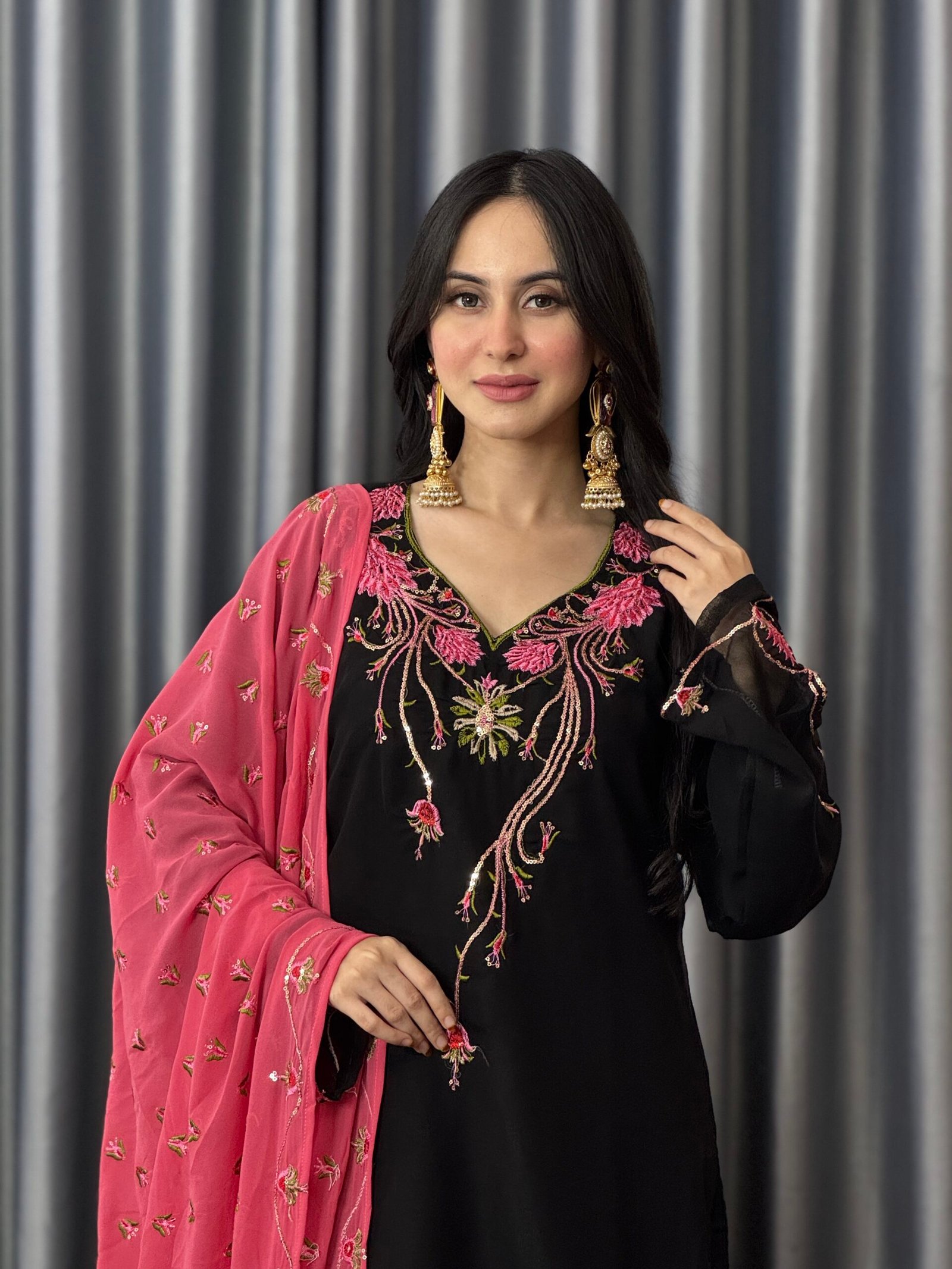 Premium Black Sequins & Embroidered Georgette 3 Piece Set