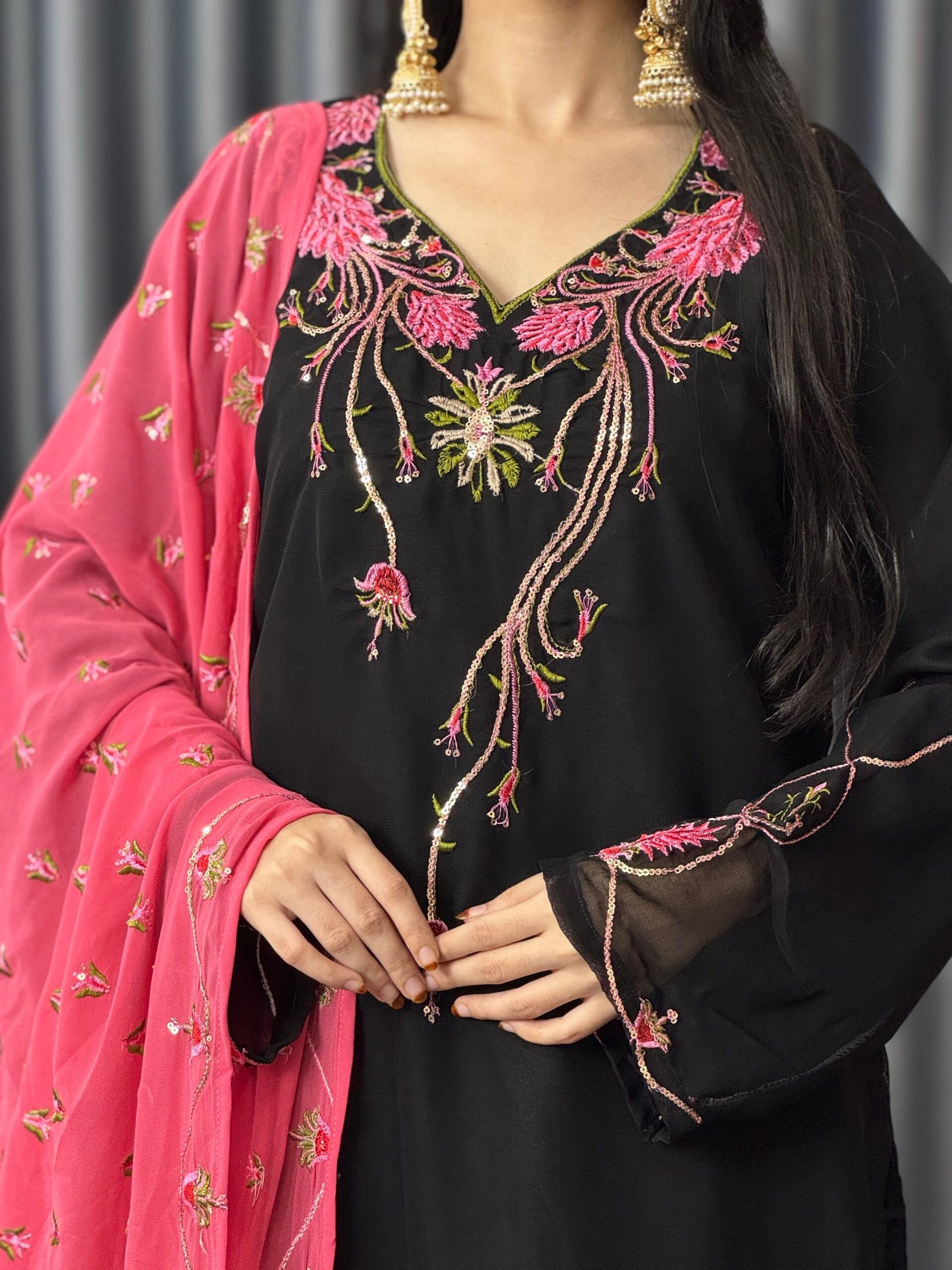Premium Black Sequins & Embroidered Georgette 3 Piece Set - Image 4