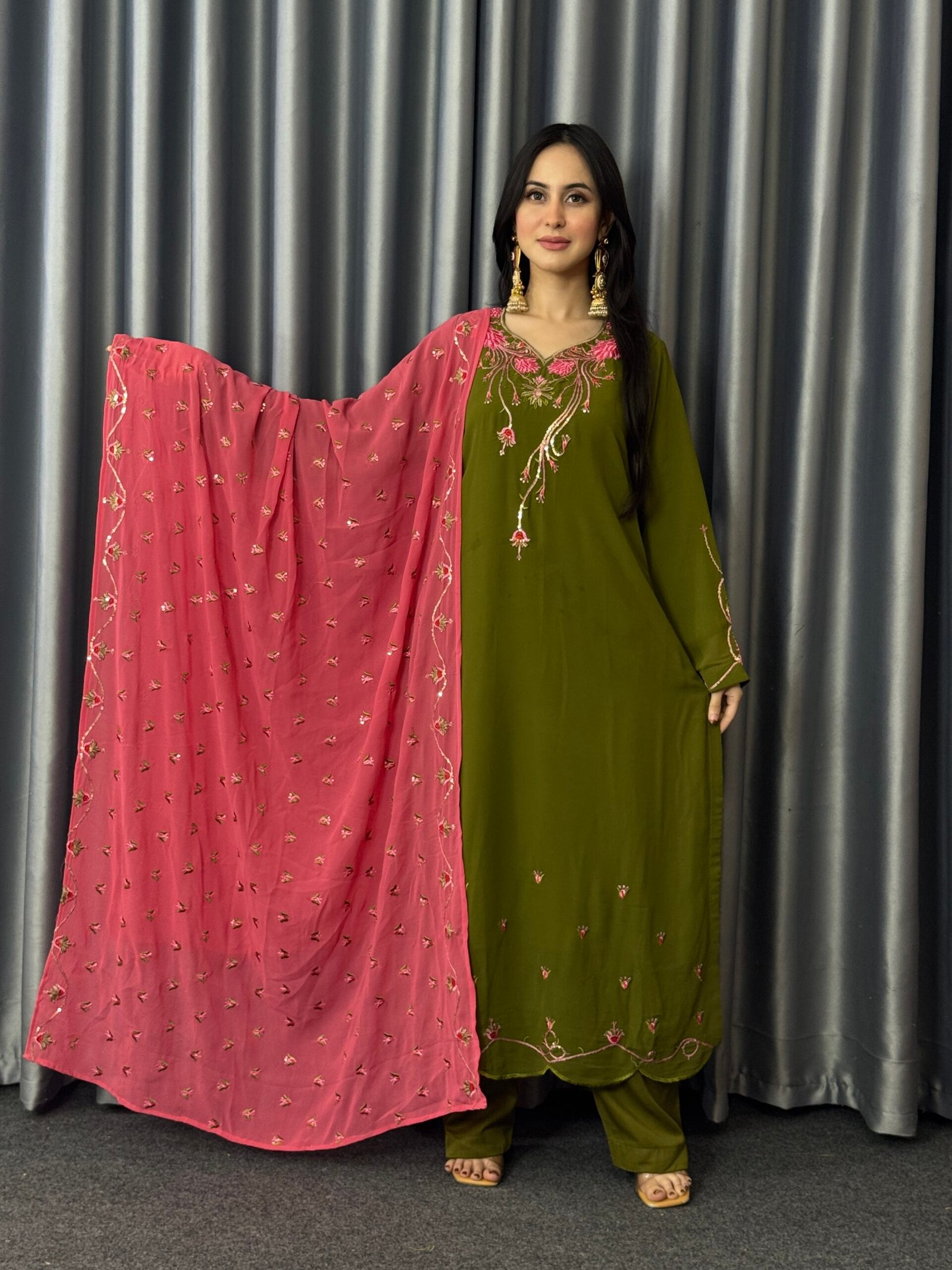 Azarish Premium Olive Sequins & Embroidered Georgette Set