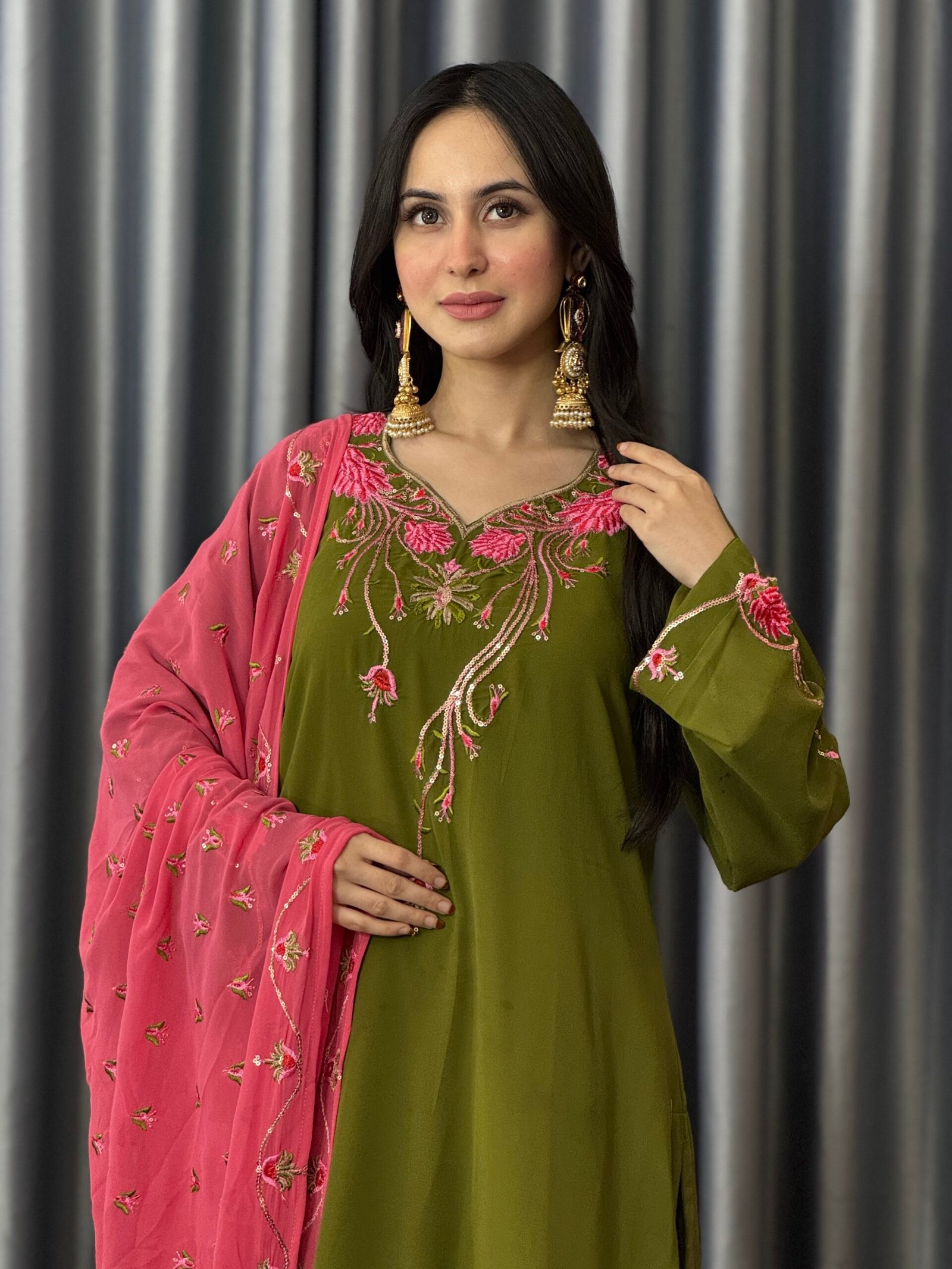 Azarish Premium Olive Sequins & Embroidered Georgette Set