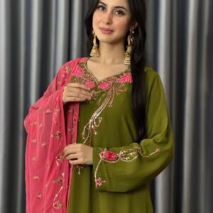 Azarish Premium Olive Sequins & Embroidered Georgette Set
