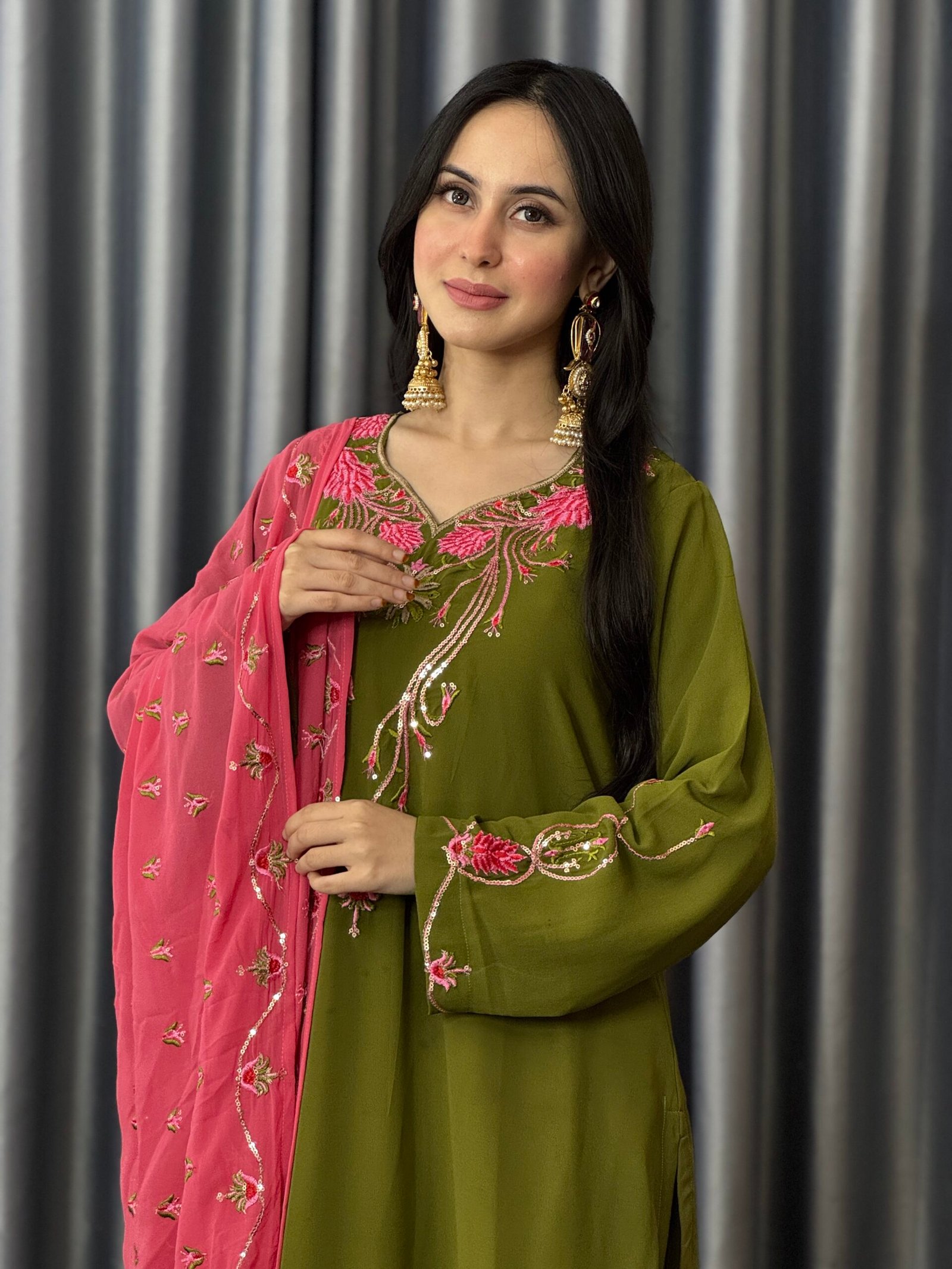 Azarish Premium Olive Sequins & Embroidered Georgette Set