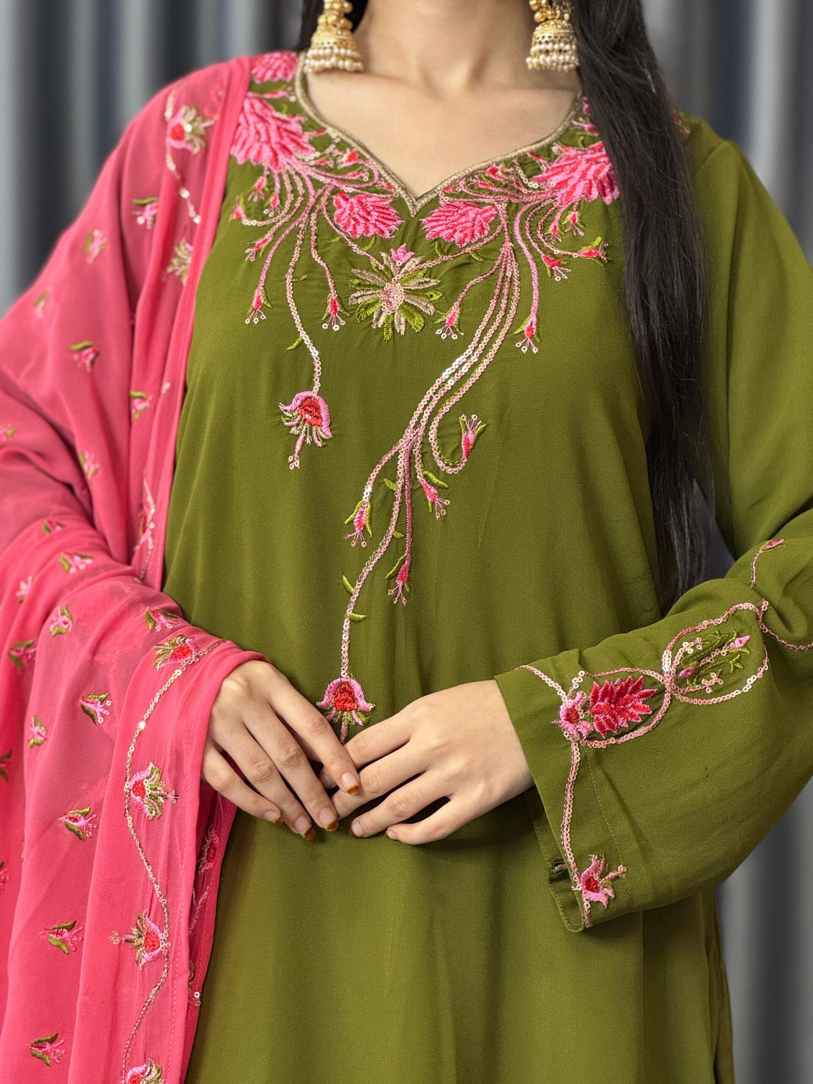 Azarish Premium Olive Sequins & Embroidered Georgette Set
