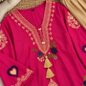 Fuchsia Pink Embroidered Two-Piece | Rayon Cotton Long Kurti Set