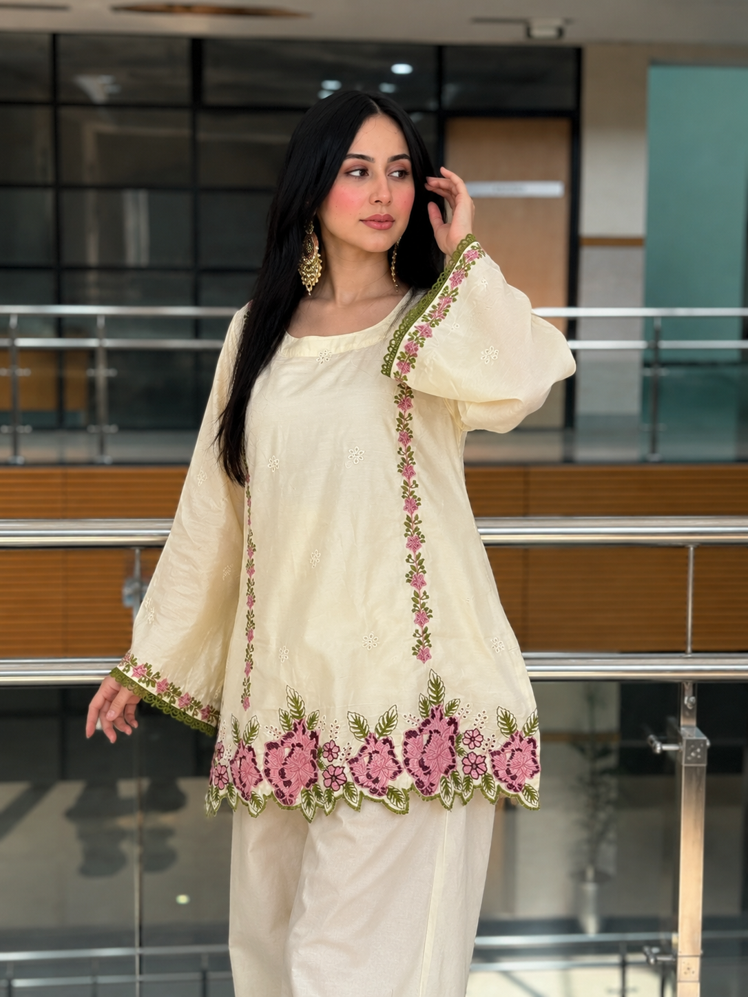 two pices dress, western, modern dress, ladies dress, cream colour dress, embroidery dress, cotton dress