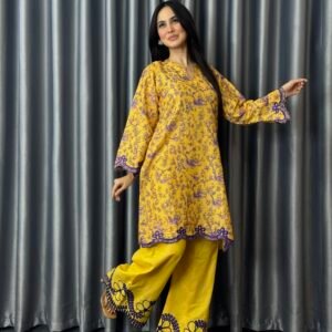 Mustard Bloom embroidered cotton two piece dress by AZarish