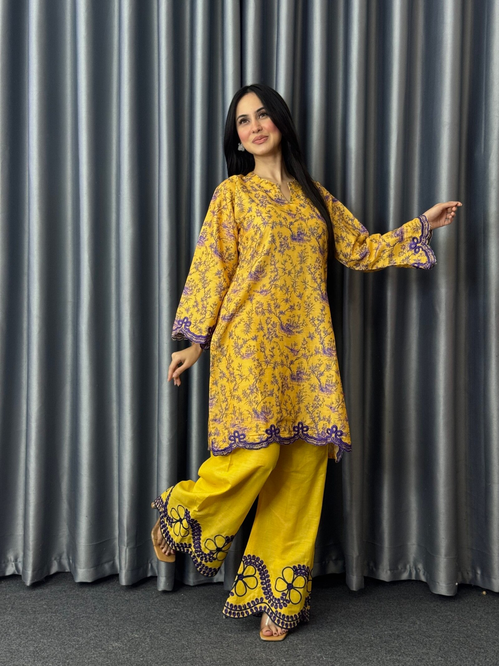 Mustard Bloom embroidered cotton two piece dress by AZarish